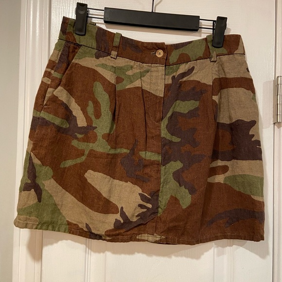 Michael Kors 100% Linen Camo Mini Skirt Y2K Zip Unlined Pleated Front Size 4 - Picture 1 of 11